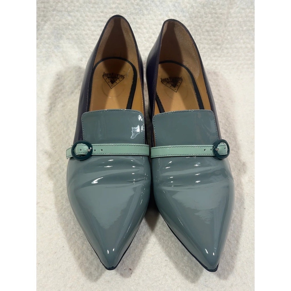 John Fluevog Two-Tone Pointed Patent Flats in Slate Blue and Mint 9.5 10